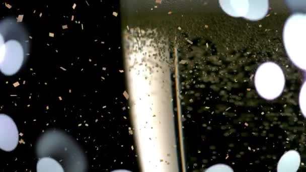 Animation Verres Champagne Avec Bulles Confettis Fusées Éclairantes Tombant Sur — Video