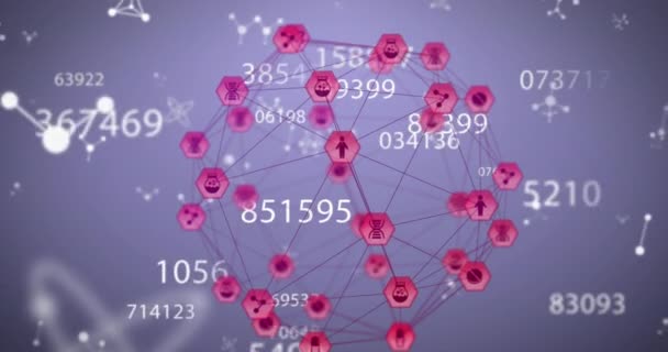 分子構造のアニメーション 数字の変化 紫色の背景にあるデジタルアイコンの世界 グローバルネットワーキングとビジネス技術コンセプト — ストック動画