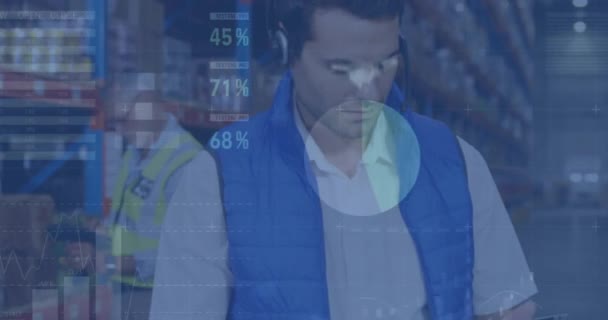 倉庫でデジタルタブレットを使用した白人男性マネージャーのアニメーション デジタル複合 ビジネス レポート チャート インフォグラフィック ヘッドフォン — ストック動画