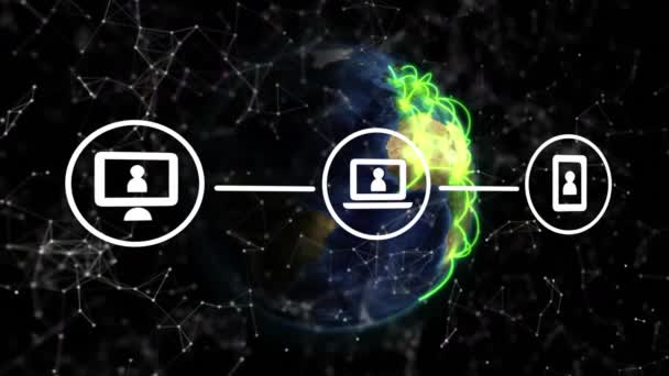Animacja Sieci Połączeń Ikon Cyfrowych Szlaków Zielonego Światła Wirującym Kuli — Wideo stockowe