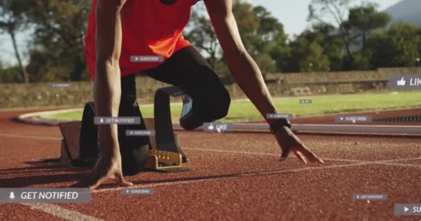 Анимация Оповещений Африканский Американский Спортсмен Протезными Ногами Стартовой Линии Цифровые — стоковое видео