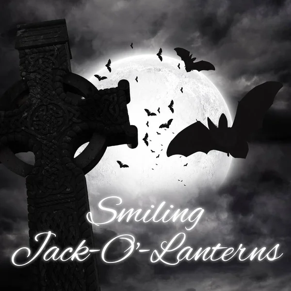 Composite Smiling Jack Lantern Text Bats Full Moon Dark Background — Stock Photo, Image