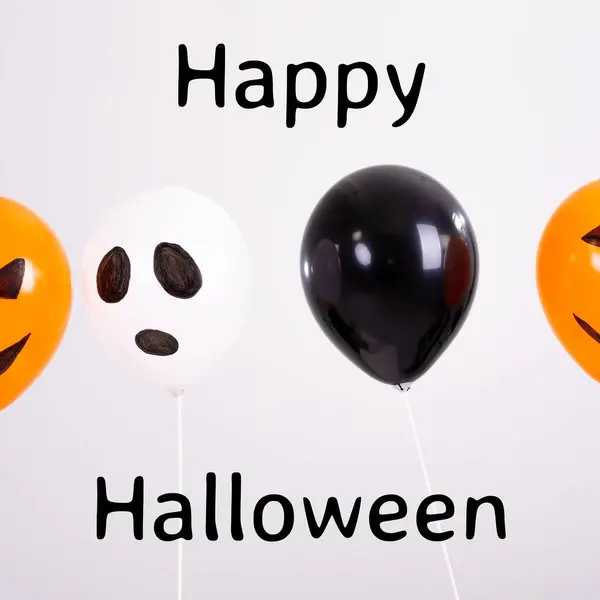 Zusammensetzung Aus Fröhlichem Halloween Text Und Halloween Luftballons Auf Weißem — Stockfoto