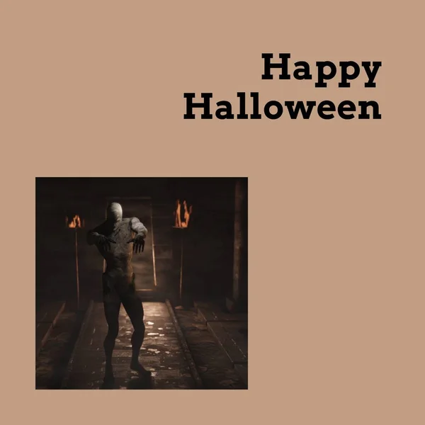 Compuesto Texto Halloween Feliz Fantasma Halloween Sobre Fondo Marrón Halloween — Foto de Stock