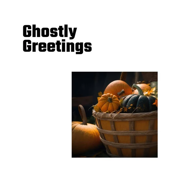 Compuesto Texto Saludos Fantasmales Calabazas Halloween Sobre Fondo Blanco Halloween — Foto de Stock