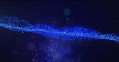 Siyah zemin üzerinde dinamik dalgalar ve mercek parlamaları oluşturan noktaların animasyonu. Dijital olarak üretilen hologram, illüstrasyon, veri, bağlantı, fütüristik, soyut ve teknoloji kavramı.