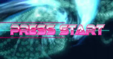 Basın başlangıç metninin canlandırması soyut arkaplana karşı dinamik dalga kalıpları üzerinden satırlar arasında. Dijital olarak oluşturulmuş, hologram, illüstrasyon, düğmeye basma, video oyunu ve teknoloji kavramı.