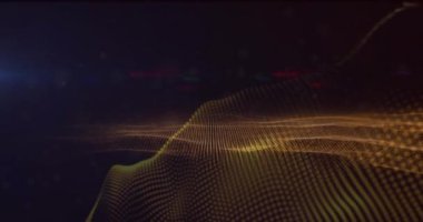 Siyah zemin üzerinde dinamik dalgalar ve mercek parlamaları oluşturan noktaların animasyonu. Dijital olarak üretilen hologram, illüstrasyon, veri, bağlantı, fütüristik, soyut ve teknoloji kavramı.