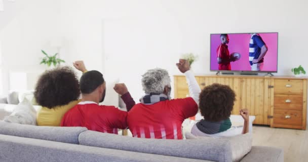Famille Biracial Regarder Télévision Avec Divers Joueurs Rugby Masculins Avec — Video