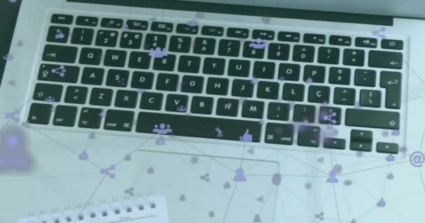 Animatie Van Iconen Verbonden Met Lijnen Notitieblok Pen Koffiebeker Laptop — Stockvideo