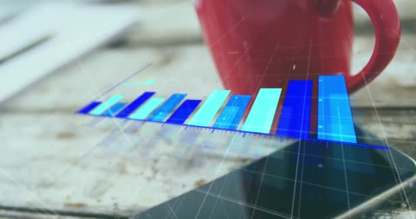 Animation Arrow Growing Bar Graph Laptop Notepad Milk Cup Cellphone — Stock Video