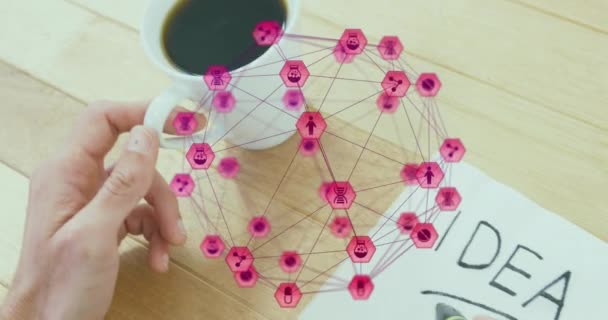 Birbirine Bağlı Ikon Kürelerin Animasyonu Kahve Tutan Kırpılmış Eller Kağıda — Stok video