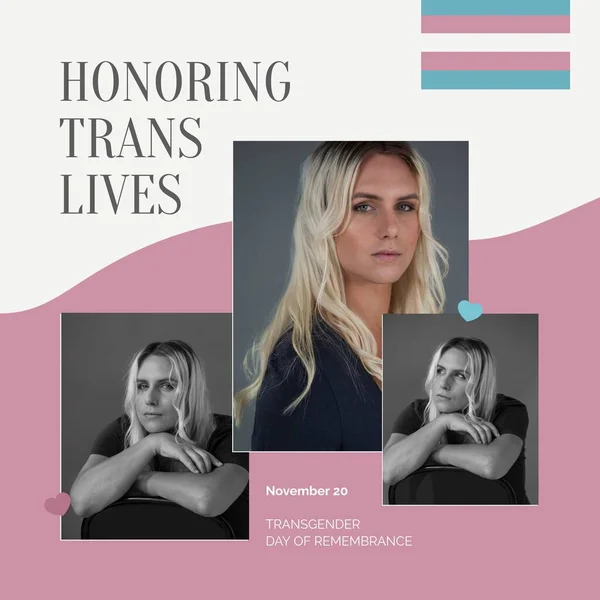 Composite of honoring trans lives text over caucasian transgender man. Transgender day of remembrance, human rights and equality concept digitally generated image.