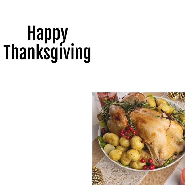 Happy thanksgiving text on white with thanksgiving roast turkey dinner on table. Thanksgiving, harvest festival, american tradition, family and autumn celebration digitally generated image.