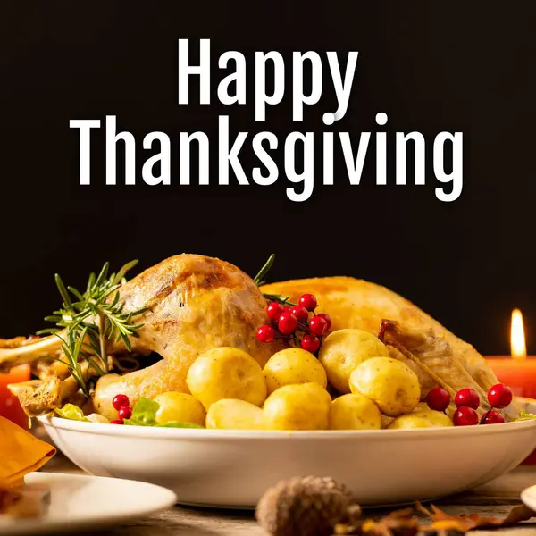 Happy thanksgiving text in white with thanksgiving turkey dinner on table. Thanksgiving, harvest festival, american tradition, family and autumn celebration digitally generated image.