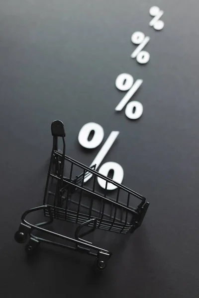Shopping Trolley White Percent Signs Copy Space Grey Background Black — Stock Photo, Image