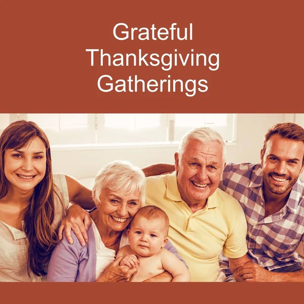 Grateful thanksgiving gatherings text with smiling multi generation caucasian family. Thanksgiving, harvest festival, american tradition, family and autumn celebration digitally generated image.