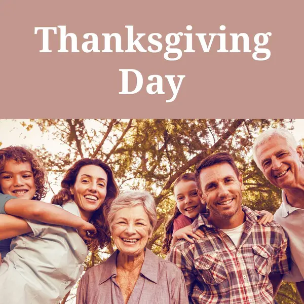 Thanksgiving day text with happy three generation caucasian family in park. Thanksgiving, harvest festival, american tradition, family and autumn celebration digitally generated image.