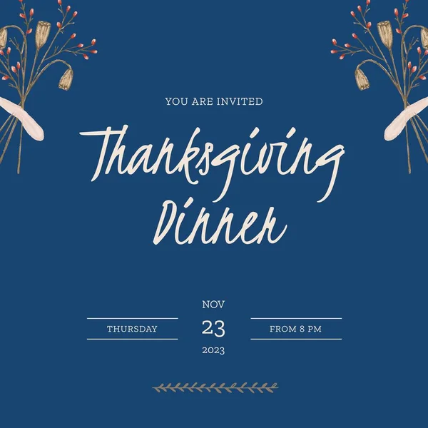 Composite You Invited Thanksgiving Dinner Text Autumn Leaves Blue Background — Stock Photo, Image