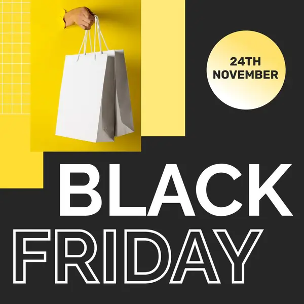 Composite Black Friday Text Shopping Bags Yellow Black Background Black — Stock Photo, Image
