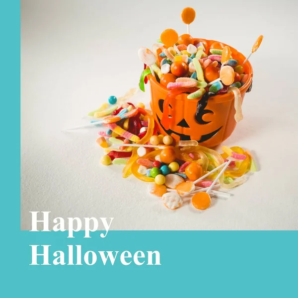 Happy Halloween Text White Trick Treat Sweets Falling Jack Lantern — Stock Photo, Image