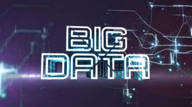 Soyut arkaplan üzerinde navigasyon deseni ve lens parlamaları olan 3D büyük veri metninin animasyonu. Dijital olarak üretilmiş, hologram, illüstrasyon, veritabanı, yön ve teknoloji kavramı.