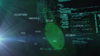 Değişen numaraların animasyonu, asma kilitte parmak izi ve siyah arkaplan üzerinde bilgisayar dili. Dijital olarak üretilmiş, hologram, illüstrasyon, koruma, biyometrik, kodlama ve teknoloji konsepti.