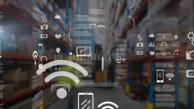 Depoya karşı veri işleme arayüzünün animasyonu. Bilgisayar arayüzü ve lojistik iş teknolojisi kavramı