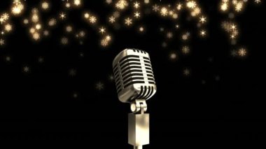 Kar taneleri simgelerinin üzerinde mikrofon animasyonu fotokopi alanı ile siyah arkaplana düşüyor. Müzik eğlence ve podcast konsepti