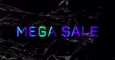 Mega-satış metninin animasyonu siyah arkaplan üzerinde beyaz soyut desen üzerine. Dijital olarak üretilmiş, hologram, illüstrasyon, aydınlatılmış, alışveriş, indirim, reklam ve pazarlama kavramı.