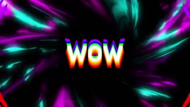 Siyah arkaplana karşı mavi ve mor dijital dalgalar üzerinde wow metin afişinin animasyonu. Video oyunu ve eğlence teknolojisi kavramı