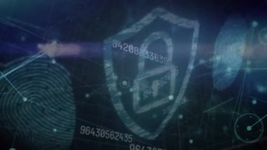 Parmak izleri, bağlantılı noktalar ve numaralarla kalkandaki asma kilidin animasyonu. Dijital olarak üretilmiş, koruma, güvenlik, biyometrik, veri işleme, kodlama, ağ ve teknoloji kavramı.