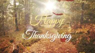 Mutlu şükran günü metinlerinin animasyonu, sonbahar yapraklarının parktaki ağaçların arasından süzülmesi. Şükran Günü ve Sonbahar sezonu konsepti