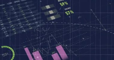 Mavi arkaplana karşı istatistiksel veri işleme ve matematiksel denklemlerin animasyonu. İş verileri ve araştırma bilimi teknolojisi kavramı