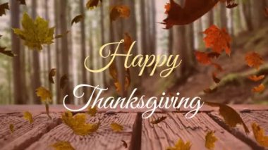 Mutlu şükran günü metinleri ve sonbahar yapraklarının ahşap tahtada parka düşüşünün animasyonu. Şükran Günü ve Sonbahar sezonu konsepti