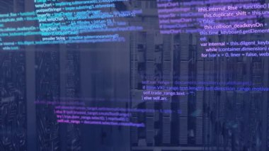 Veri sunucu sistemleri üzerinde bilgisayar dili ve devre kartı kalıplarının animasyonu. Dijital bileşik, çoklu pozlama, programlama dili, veri merkezi, ağ oluşturma, teknoloji ve ağ sunucusu.