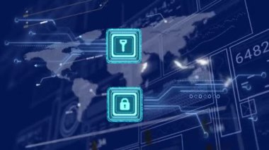 Mavi arkaplandaki veri işleme arayüzüne karşı güvenlik asma kilidi ve anahtar simgesi animasyonu. Siber güvenlik ve iş arayüzü teknolojisi kavramı