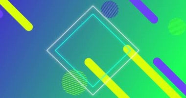 Eşkenar dörtgenlerin, çubukların, çizgi biçimlerinin gradyan arkaplan üzerinde daireler oluşturması. Dijital olarak üretilmiş, hologram, illüstrasyon, aydınlatma, şekil ve soyut kavram.