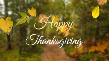 Mutlu Şükran Günü metinleri ve sonbahar yapraklarının orman parkındaki patikadan düşüşünün animasyonu. Şükran Günü ve Sonbahar sezonu konsepti