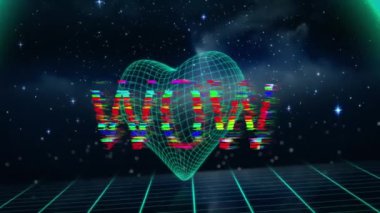 Meta-evren yapıların üzerine yazılan ve uzaya karşı bir kalp şekli oluşturan Vay canına metnin animasyonu. Video oyunu ve eğlence teknolojisi kavramı