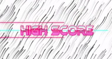 Beyaz zemin üzerinde kusursuz desenli dalgalı çizgilere karşı yüksek puanlı metin afişi animasyonu. Video oyunu ve eğlence teknolojisi kavramı