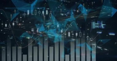 3D üçgenlerin animasyonu ve caddede hareket halindeki araçların zaman aşımında çoklu grafikler. Dijital bileşik, çoklu pozlama, rapor, iş, şekil, ulaşım ve teknoloji kavramı.