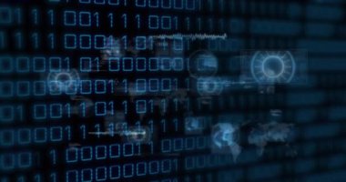 Siyah zemin üzerinde ikili kodlar, radarlar, haritalar, küreler ve bilgisayar dillerinin animasyonu. Dijital olarak üretilmiş, hologram, küreselleşme, kodlama, programlama dili ve teknoloji kavramı.