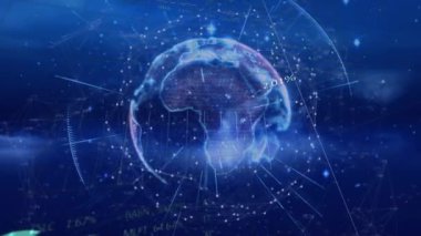Animation of statistical and stock market data processing over spinning globe on blue background. Global economy and business data technology concept