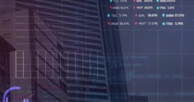 Gökyüzüne karşı bina üzerinde birden fazla grafiklerin, alım satım tahtalarının ve bilgisayar dilinin animasyonu. Dijital bileşik, çoklu pozlama, rapor, iş dünyası, borsa, mimari, kodlama ve teknoloji.