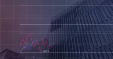 Gökyüzüne karşı binaların düşük açılı görüntüsünde değişen sayılarla birden fazla grafiğin animasyonu. Dijital bileşik, çoklu pozlama, rapor, iş, büyüme ve mimari kavram.