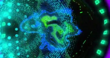 Siyah arkaplandaki çarpık veri lambalarının üzerinde mavi ışık lekeleri yanıp sönüyor. Soyut, veri, teknoloji, enerji, dijital arayüz, bağlantı ve iletişim dijital olarak oluşturulmuş video.
