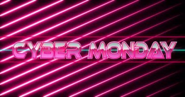 Siber pazartesi yazı pankartının pürüzsüz bir şekilde neon pembe ışık yolları üzerindeki animasyonu. İndirim ve perakende iş konsepti