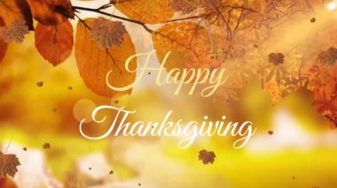 Mutlu Şükran Günü metinlerinin animasyonu, sonbahar yaprakları parktaki ağaç dalına çarpıyor. Şükran Günü ve Sonbahar sezonu konsepti