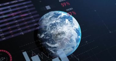Mavi arka planda bir dünya üzerinde istatistiksel veri işleme animasyonu. Bilgisayar arayüzü ve iş veri teknolojisi kavramı